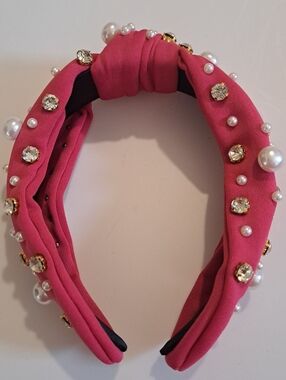 Rose Pink Faux Pearl & Rhinestone Knotted Headband - Wide, Solid Color